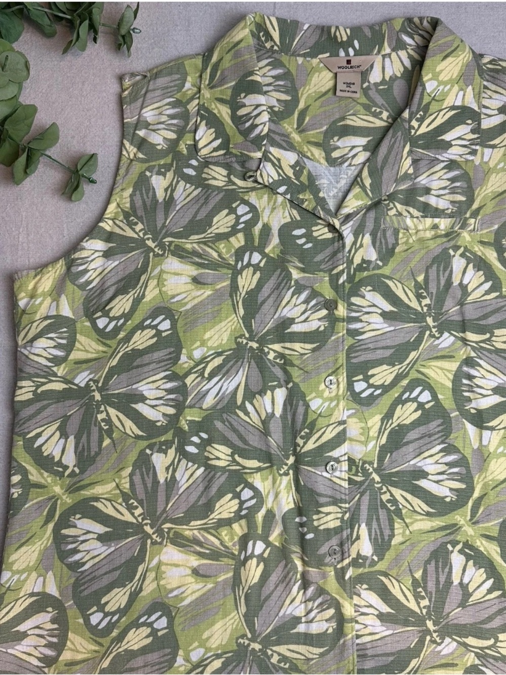 Woolrich Silk Cotton Sleeveless Top Green Yellow Butterflies